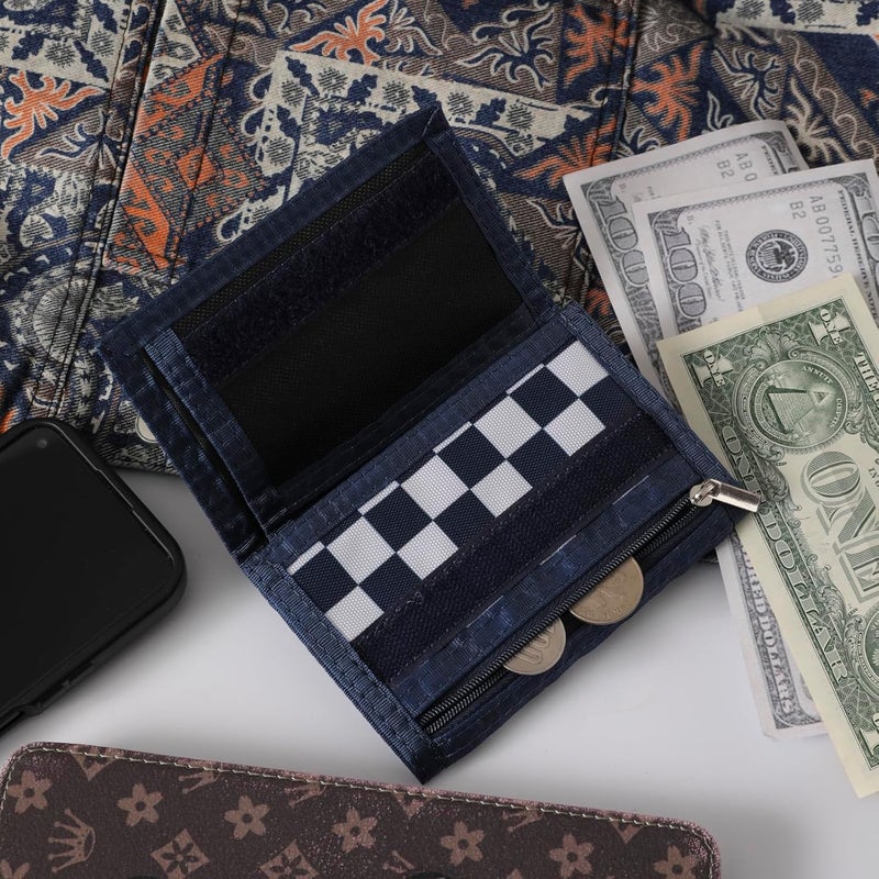 Nitort Wallet,RFID Trifold Canvas Outdoor Sports Wallets for Kid,Lovely and Novelty Wallet with Zipper for Kids- Front Pocket Wallet with Magic Sticker(Navy Blue Chequer KW03) - Image 3